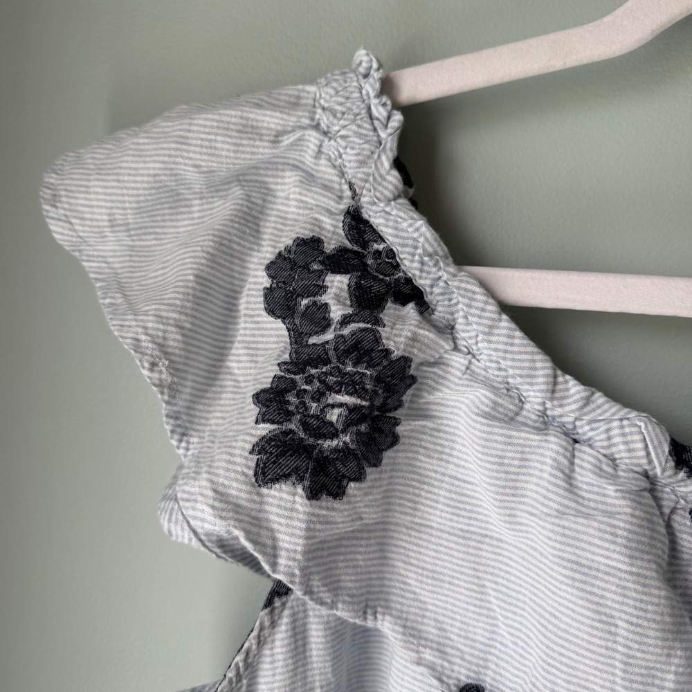 J. Jill Ruffled Neckline Top Blue Stripe Floral Embroidery 100% Cotton MP Petite - Picture 3 of 10